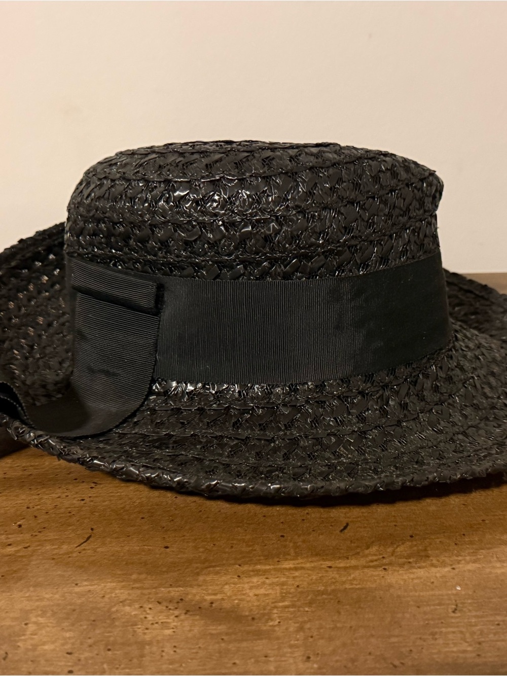 Vintage Black Straw Wide Brim Hat | Grosgrain Ribbon Bow & Long Tails